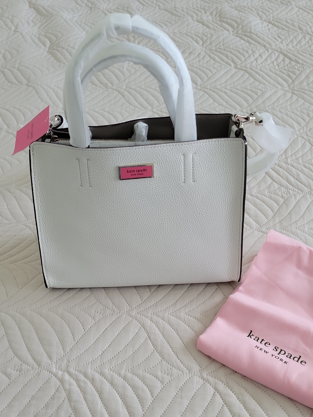 kate spade White Pebbled Leather Satchel with Pink Logo Plaque